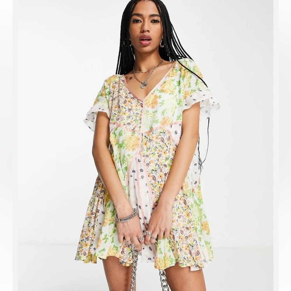 NWOT NEW Free People Wildflower Patchwork Mini Dress Ivory White Floral Beach S